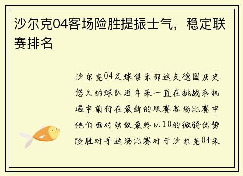沙尔克04客场险胜提振士气，稳定联赛排名