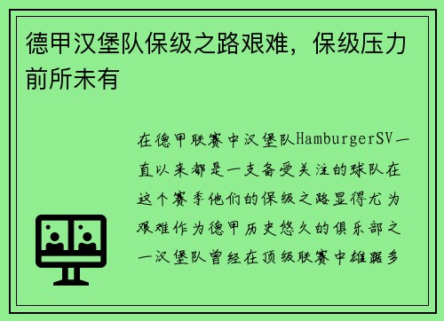 德甲汉堡队保级之路艰难，保级压力前所未有
