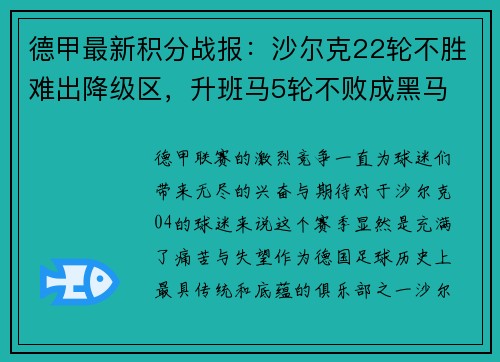 德甲最新积分战报：沙尔克22轮不胜难出降级区，升班马5轮不败成黑马