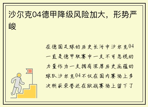 沙尔克04德甲降级风险加大，形势严峻