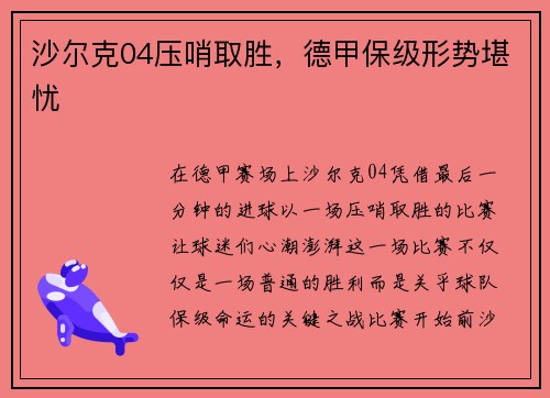 沙尔克04压哨取胜，德甲保级形势堪忧