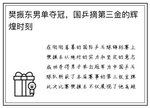 樊振东男单夺冠，国乒摘第三金的辉煌时刻