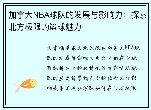 加拿大NBA球队的发展与影响力：探索北方极限的篮球魅力