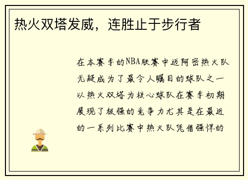 热火双塔发威，连胜止于步行者